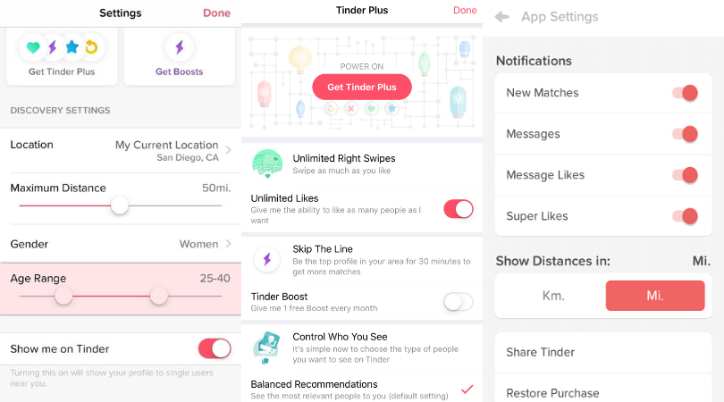 dating app notifications and app setting UI for app like Tinder