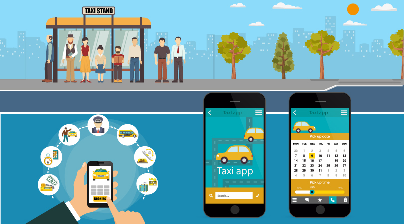 Image showing the traditional way of taxi booking and online taxi booking process